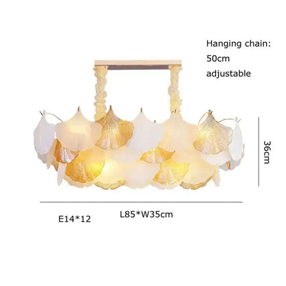 Elegant dimmable chandelier with ginkgo leaf gold and white shades on wooden frame by decorbites ginkgo art for dining room decor