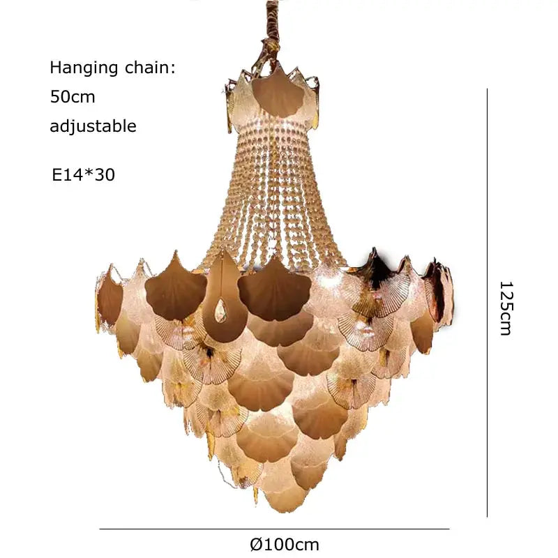 A decorbites ginkgo art deco gold and white dimmable chandelier with translucent ginkgo leaf plates for dining room decor