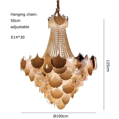 A decorbites ginkgo art deco gold and white dimmable chandelier with translucent ginkgo leaf plates for dining room decor