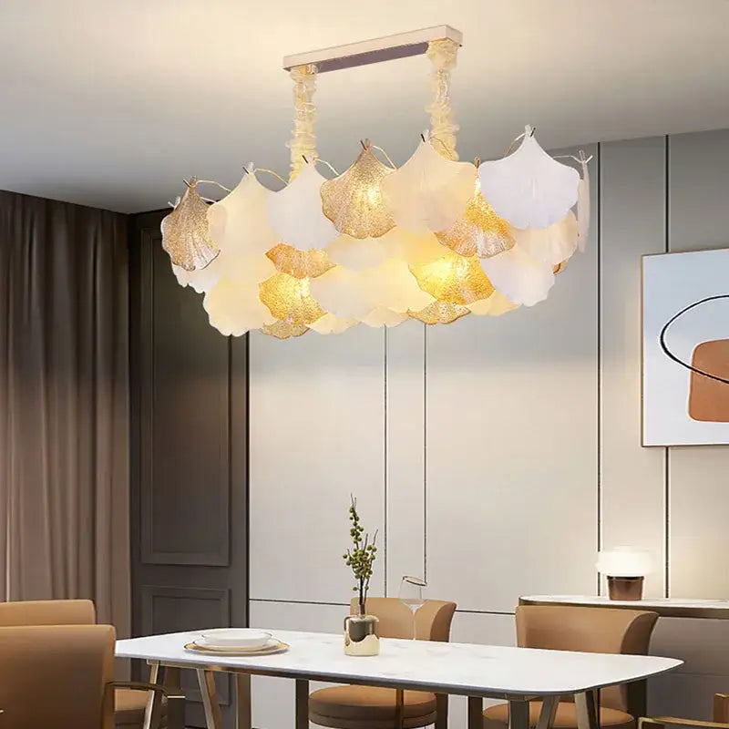 Modern dimmable decorbites ginkgo art deco chandelier with white and gold translucent leaf-shaped shades for dining room decor