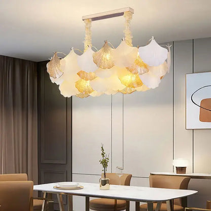 Modern dimmable decorbites ginkgo art deco chandelier with white and gold translucent leaf-shaped shades for dining room decor