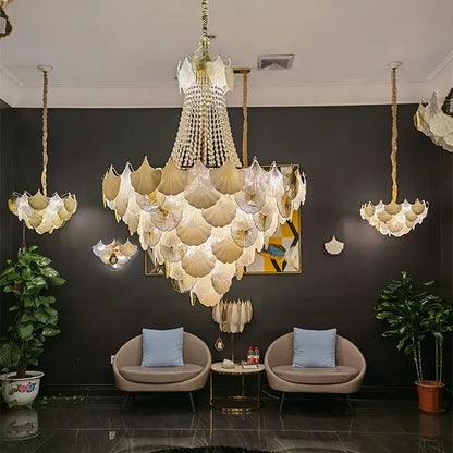 Decorbites ginkgo art dimmable chandelier with layered shell-like glass shades in white and gold for dining room decor