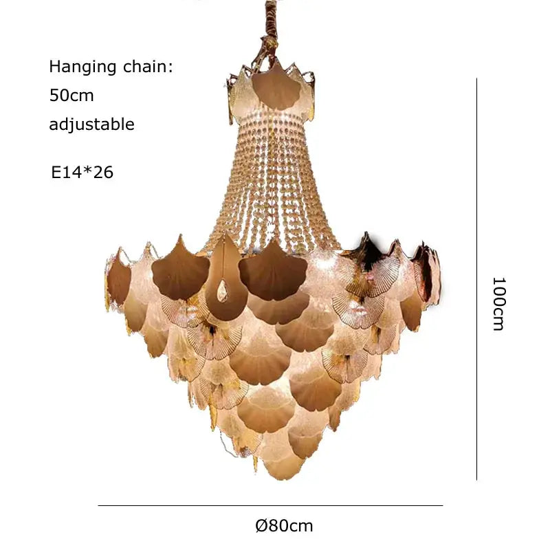 Ginkgo art deco gold and white dimmable chandelier with translucent gold ginkgo leaf shades and clear crystal column by decorbites ginkgo