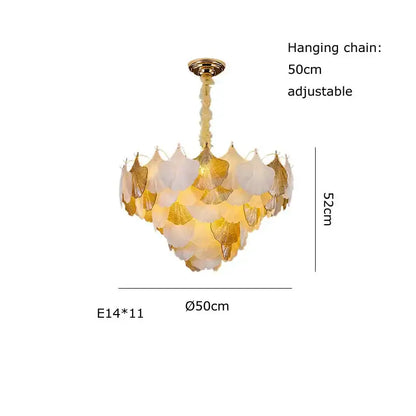Elegant decorbites ginkgo art dimmable chandelier in gold and white with leaf design 52cm diameter for dining room decor