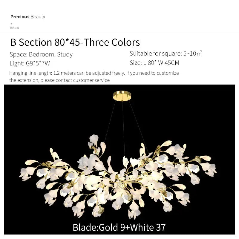 Gold and white floral ginkgo biloba chandelier pendant light with glass petal shades for living room decorbites ginkgo biloba