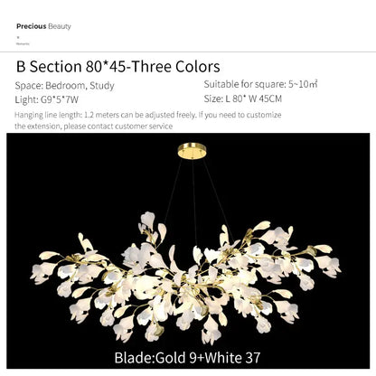 Gold and white floral ginkgo biloba chandelier pendant light with glass petal shades for living room decorbites ginkgo biloba