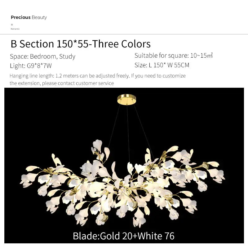 Gold and white floral ginkgo biloba chandelier pendant light with glass petal-like shades for living room decorbites