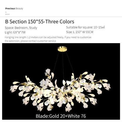 Gold and white floral ginkgo biloba chandelier pendant light with glass petal-like shades for living room decorbites