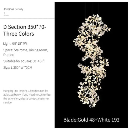 Elegant gold and white ginkgo biloba chandelier pendant light with cascading leaf design for living room decorbites lighting
