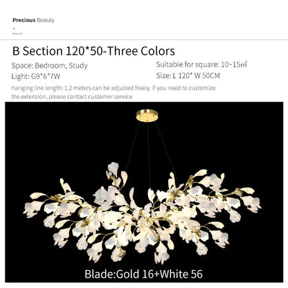 Gold and white floral ginkgo biloba chandelier pendant light with delicate glass petal shades for living room decorbites
