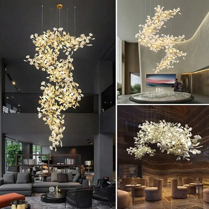 A modern ginkgo biloba chandelier pendant light with white and gold glass leaf elements for living room decorbites