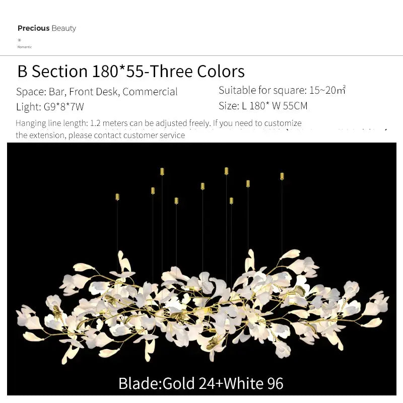 Elegant white and gold floral ginkgo biloba chandelier pendant light with glass branches for living room decorbites ginkgo biloba