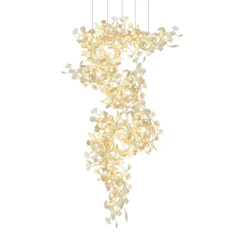 A delicate ginkgo biloba chandelier pendant light with gold glass and ivory leaf elements for living room decorbites decor