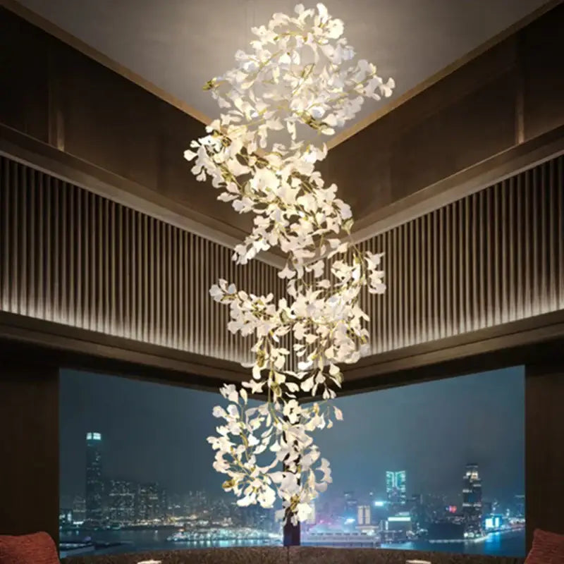 Ginkgo biloba chandelier gold glass pendant light with delicate white blossoms and slender golden branches for living room decor