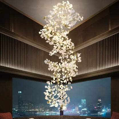Ginkgo biloba chandelier gold glass pendant light with delicate white blossoms and slender golden branches for living room decor