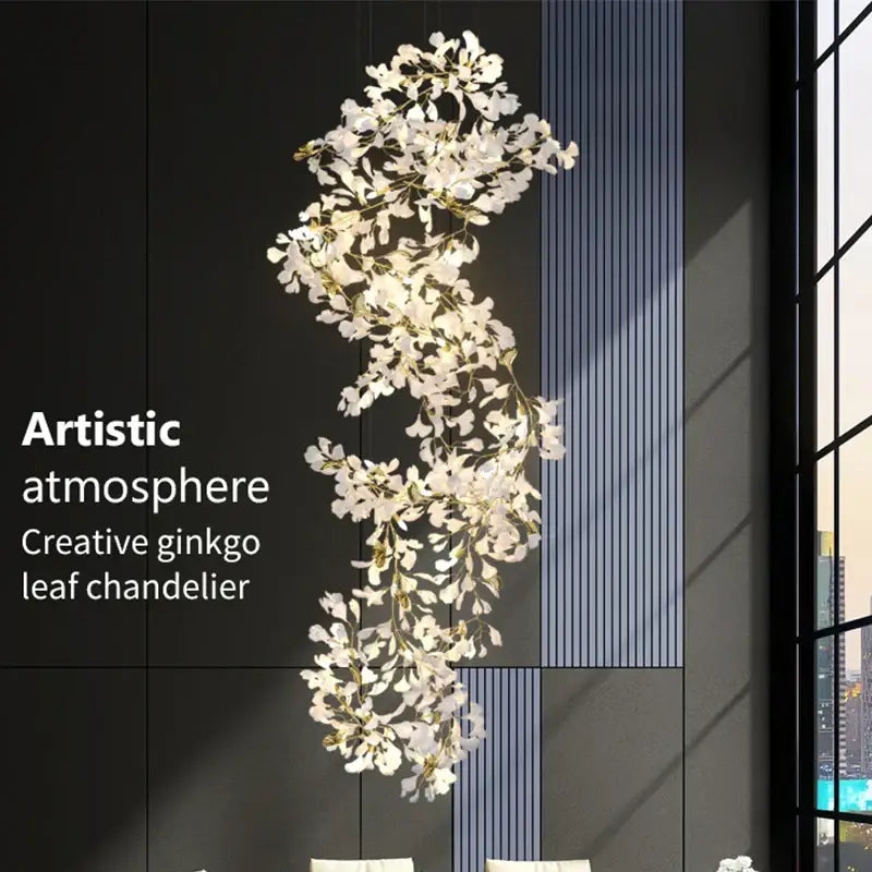 Elegant white ginkgo biloba chandelier pendant light with gold glass accents and cascading branches for living room decorbites