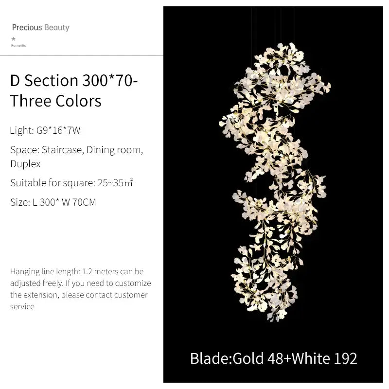 Elegant gold and white glass pendant light with delicate cascading leaves in decorbites ginkgo biloba chandelier design