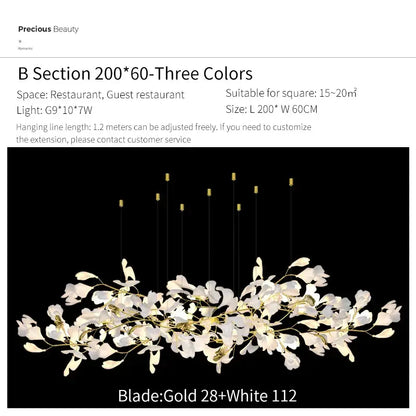 Elegant white and gold glass pendant light decorbites ginkgo biloba chandelier with delicate floral branching arms for living room