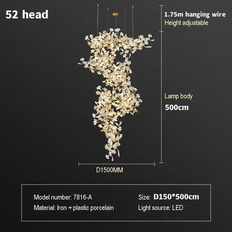 A 52-head adjustable-height ginkgo biloba chandelier with golden iron and porcelain flowers pendant light for living room