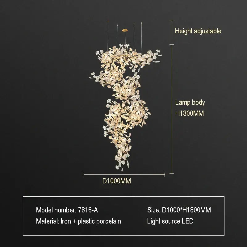 A tall elegant ginkgo biloba chandelier gold glass pendant light with cascading porcelain flowers for living room decor