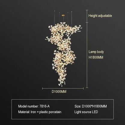 A tall elegant ginkgo biloba chandelier gold glass pendant light with cascading porcelain flowers for living room decor