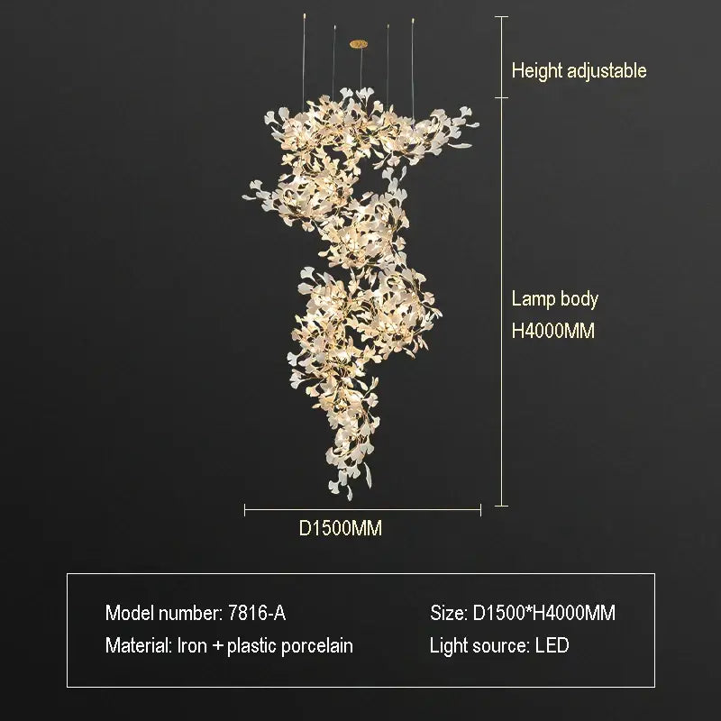 A modern height-adjustable decorbites ginkgo biloba chandelier pendant light with golden and white porcelain flowers for living room