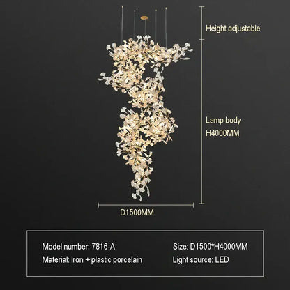 A modern height-adjustable decorbites ginkgo biloba chandelier pendant light with golden and white porcelain flowers for living room