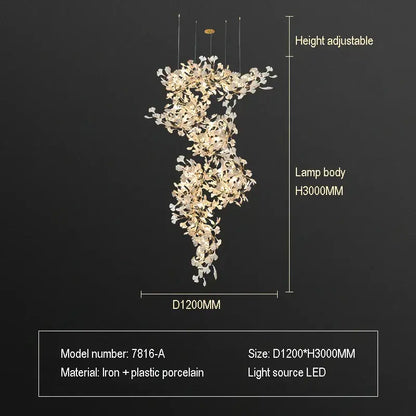 A modern height-adjustable ginkgo biloba chandelier pendant light with golden and white porcelain flowers for living room decor
