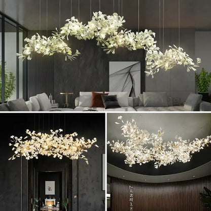 Elegant white floral ginkgo biloba chandelier gold glass pendant light by decorbites with illuminated blossoms for living room decor