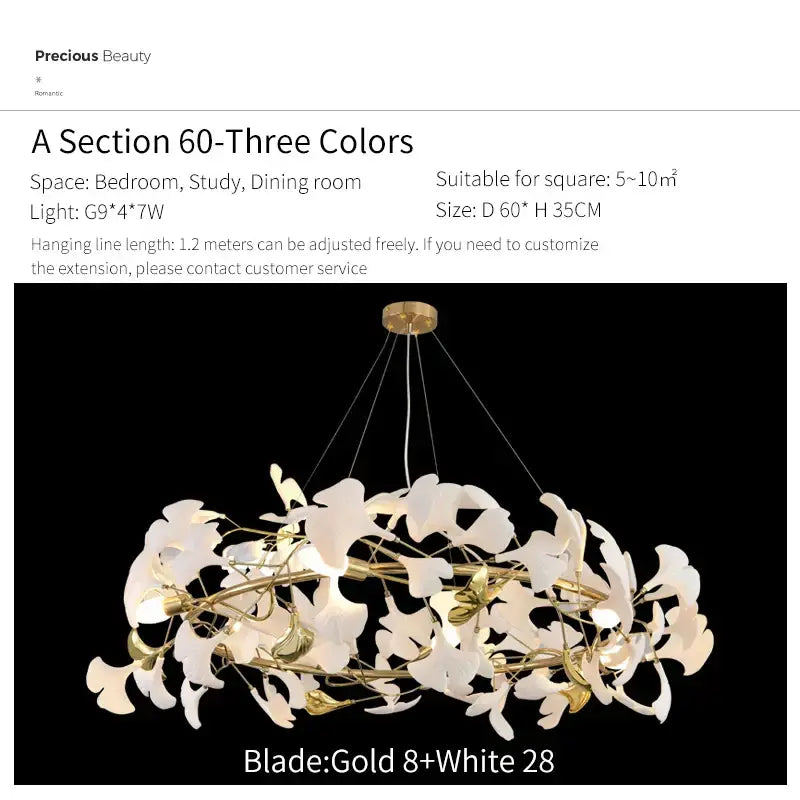 Elegant gold and white leaf-shaped ginkgo biloba chandelier pendant light by decorbites for modern living room decor