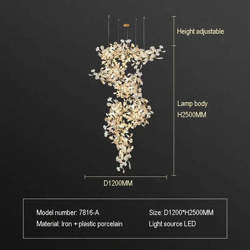 A height-adjustable ginkgo biloba chandelier with white and gold porcelain petals pendant light for living room decorbites