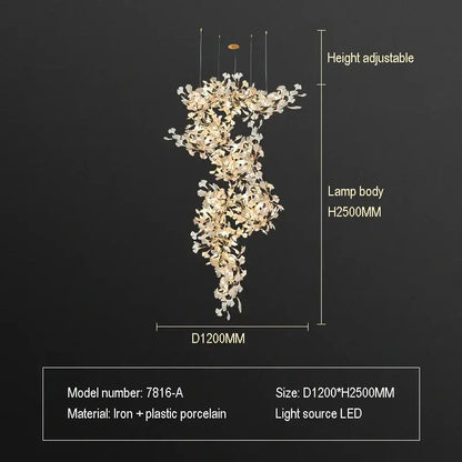 A height-adjustable ginkgo biloba chandelier with white and gold porcelain petals pendant light for living room decorbites