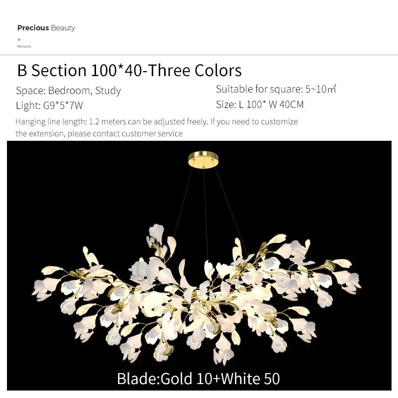 Gold and white floral ginkgo biloba chandelier pendant light with delicate glass petals for living room decorbites ginkgo biloba