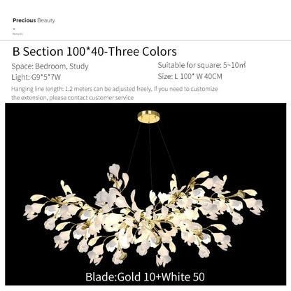 Gold and white floral ginkgo biloba chandelier pendant light with delicate glass petals for living room decorbites ginkgo biloba