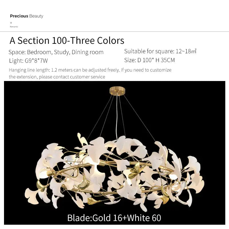 Elegant gold and white ginkgo biloba chandelier pendant light with glass leaves for modern living room decorbites design
