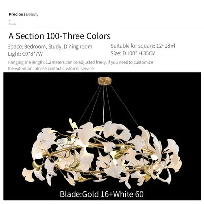 Elegant gold and white ginkgo biloba chandelier pendant light with glass leaves for modern living room decorbites design