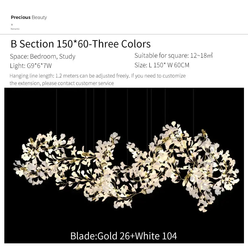 Elegant white and gold decorbites ginkgo biloba chandelier pendant light with cascading petal-like glass for living room decor