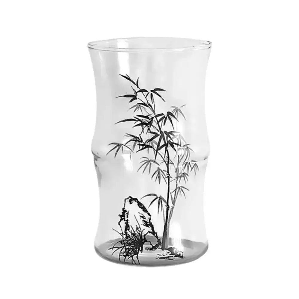 Clear glass bamboo knot mug with hand-painted black ink bamboo and rock design for kitchen coffee use