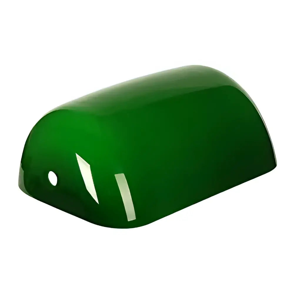 Glossy green glass banker lamp shade with curved dome shape and two white stripes for desk or office decorbites lamp shade