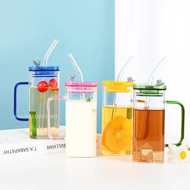 Four colorful decorbites glass drinking cups with handles lids and straws perfect for kitchen use and drinking cups