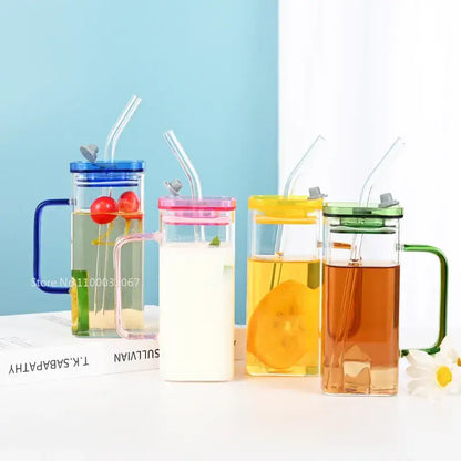 Four colorful decorbites glass drinking cups with handles lids and straws perfect for kitchen use and drinking cups