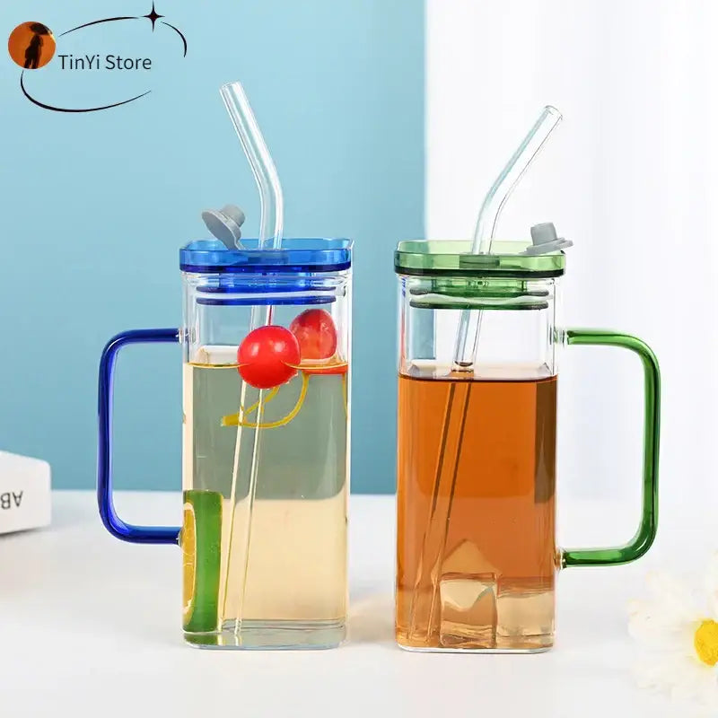 Clear glass drinking cups with colorful handles and lids with straws by decorbites glass drinking for kitchen use
