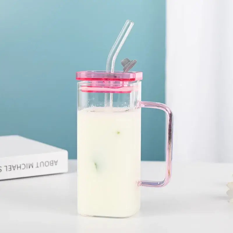 Clear glass drinking cup with pink lid handle and straw from decorbites glass drinking cups for kitchen use