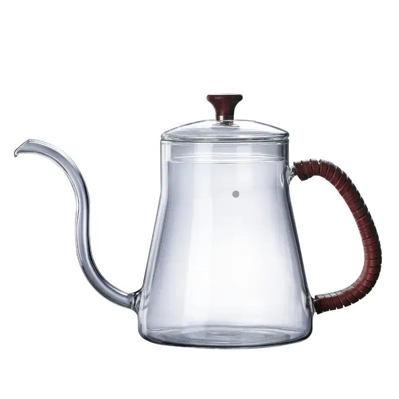 Clear glass goose beak kettle with dark reddish-brown wooden handle and lid knob by decorbites for pour over brewing