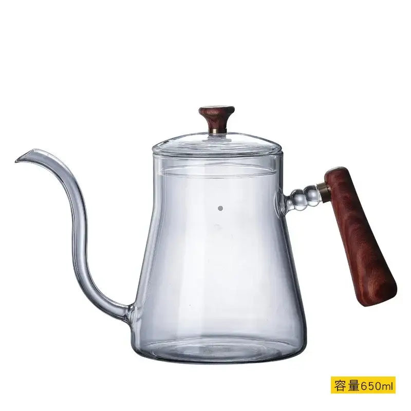 Clear glass goose beak kettle with dark wood handle and lid knob for kitchen pour over by decorbites glass goose beak