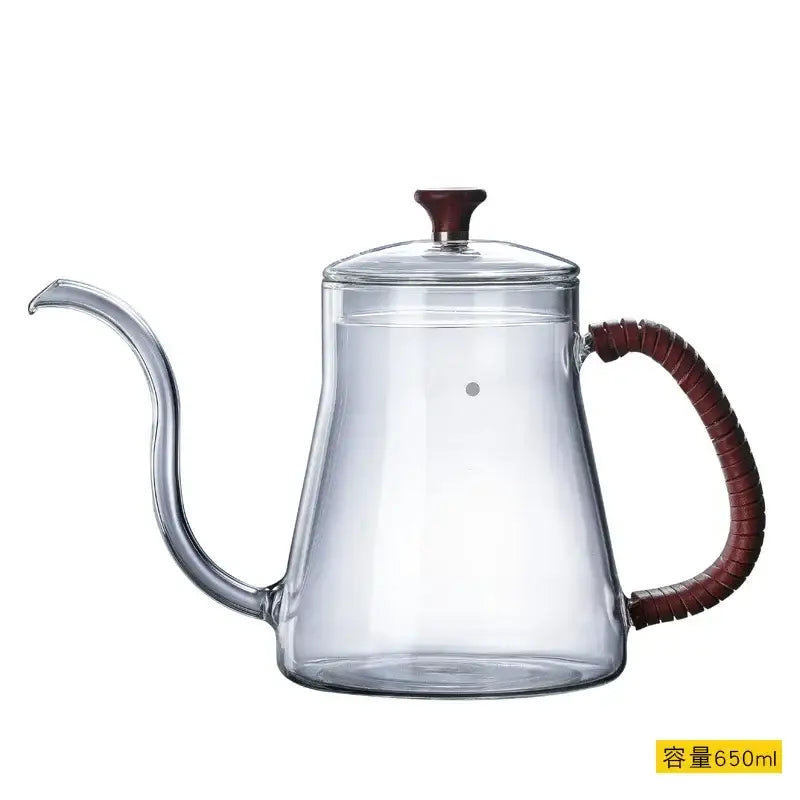 Clear glass goose beak kettle with dark reddish-brown wood handle and lid knob 650ml capacity by decorbites glass goose