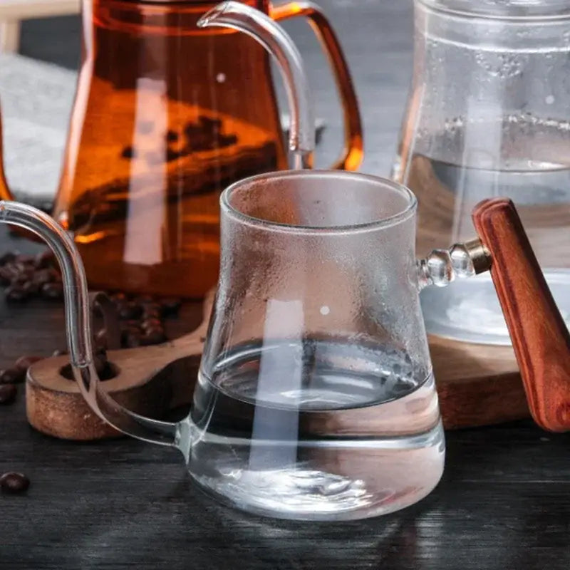 Clear glass decorbites glass goose beak kettle with curved wooden handle for kitchen pour over carafe use
