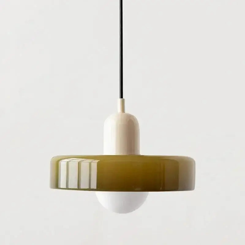 Olive-green ceramic pendant lighting with matte finish and vertical ridges in bauhaus style glass pendant lighting