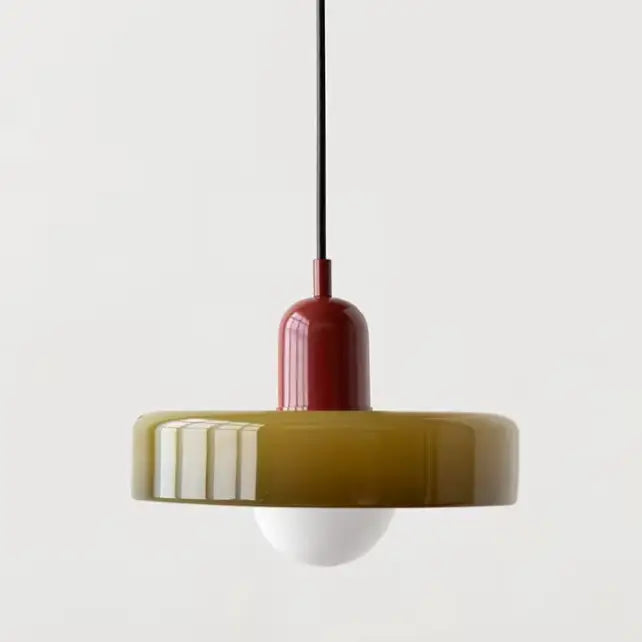 Olive-green and red glass pendant lighting with sleek modern design inspired by bauhaus style for interior decor