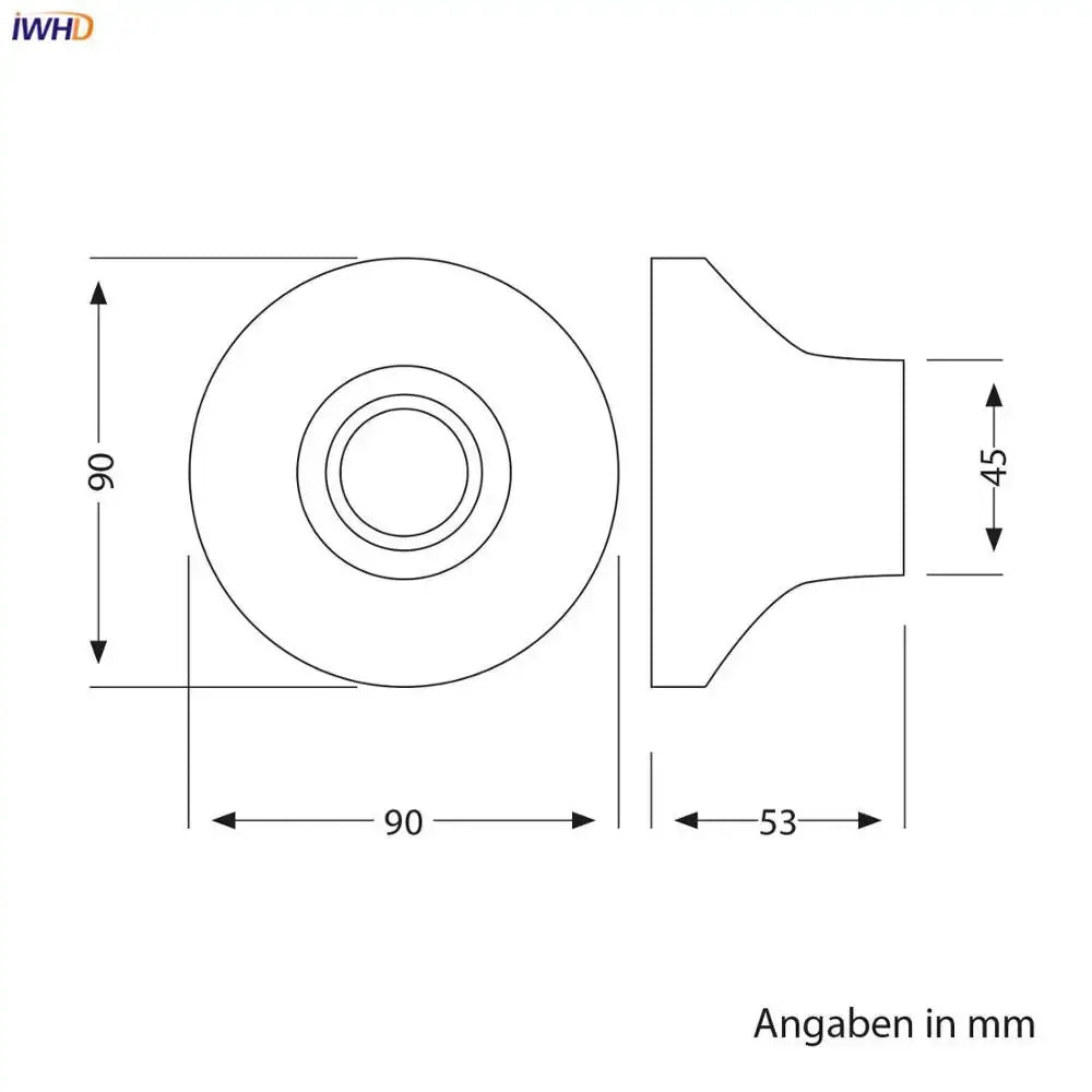 Technical drawing of glossy black and brass decorbites ceramic e27 bulb holder with circular flat face and rectangular flange